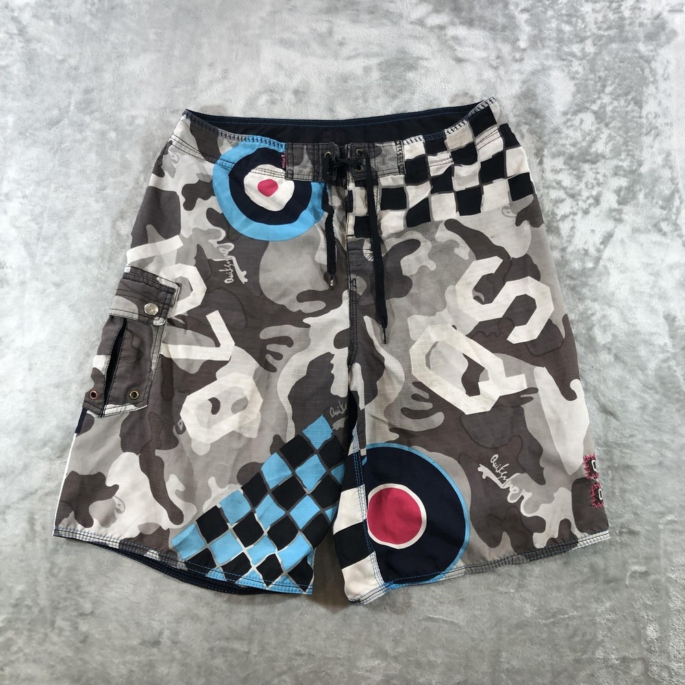 VTG Quiksilver Board Shorts Mens 34 Multicolor Camo Lightning Swim Trunks Y2K